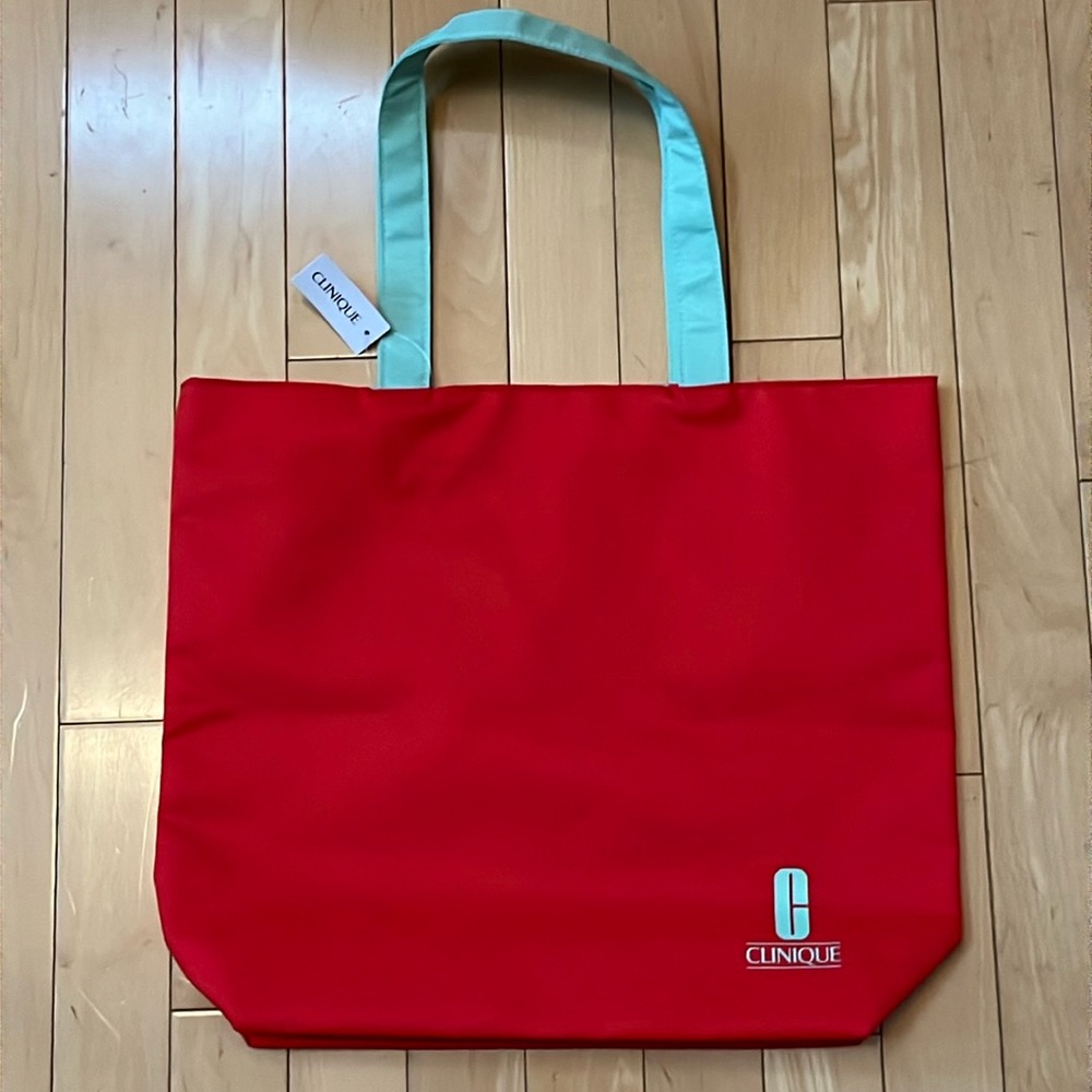 NWT Clinique canvas Tote Beach Bag red & mint green handles